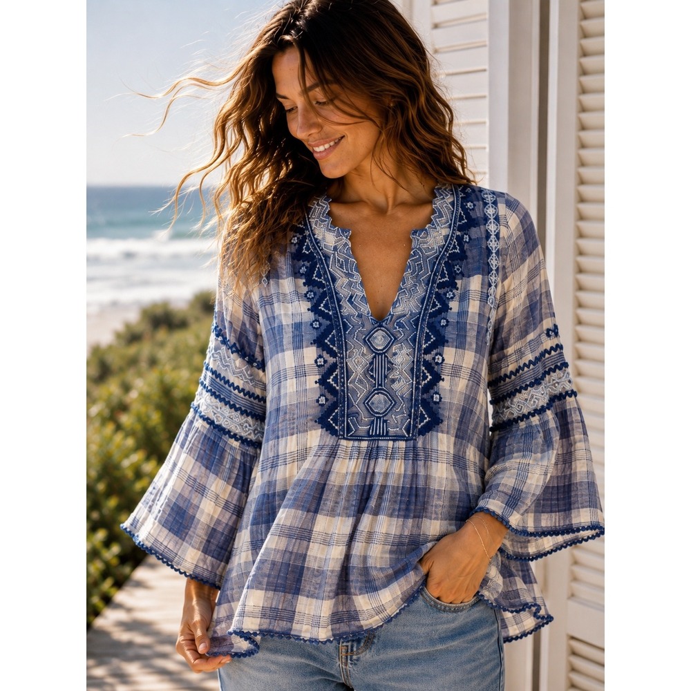 Johnny Was Workshop Simonee Embroidered Plaid Bell Sleeve Boho Blouse S